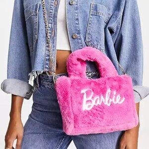Barbie x Skinny Dip Pink Plush Fluffy Tote Bag Purse with Gold Chain